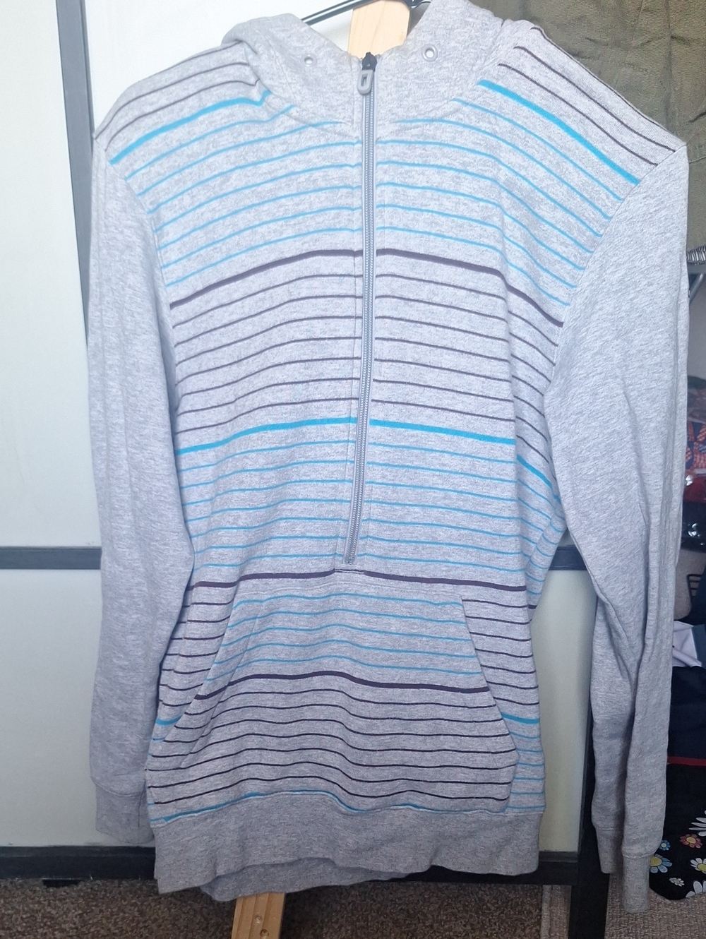 adidas Light Gray 3/4-Zip Hooded Sweater with Stripes